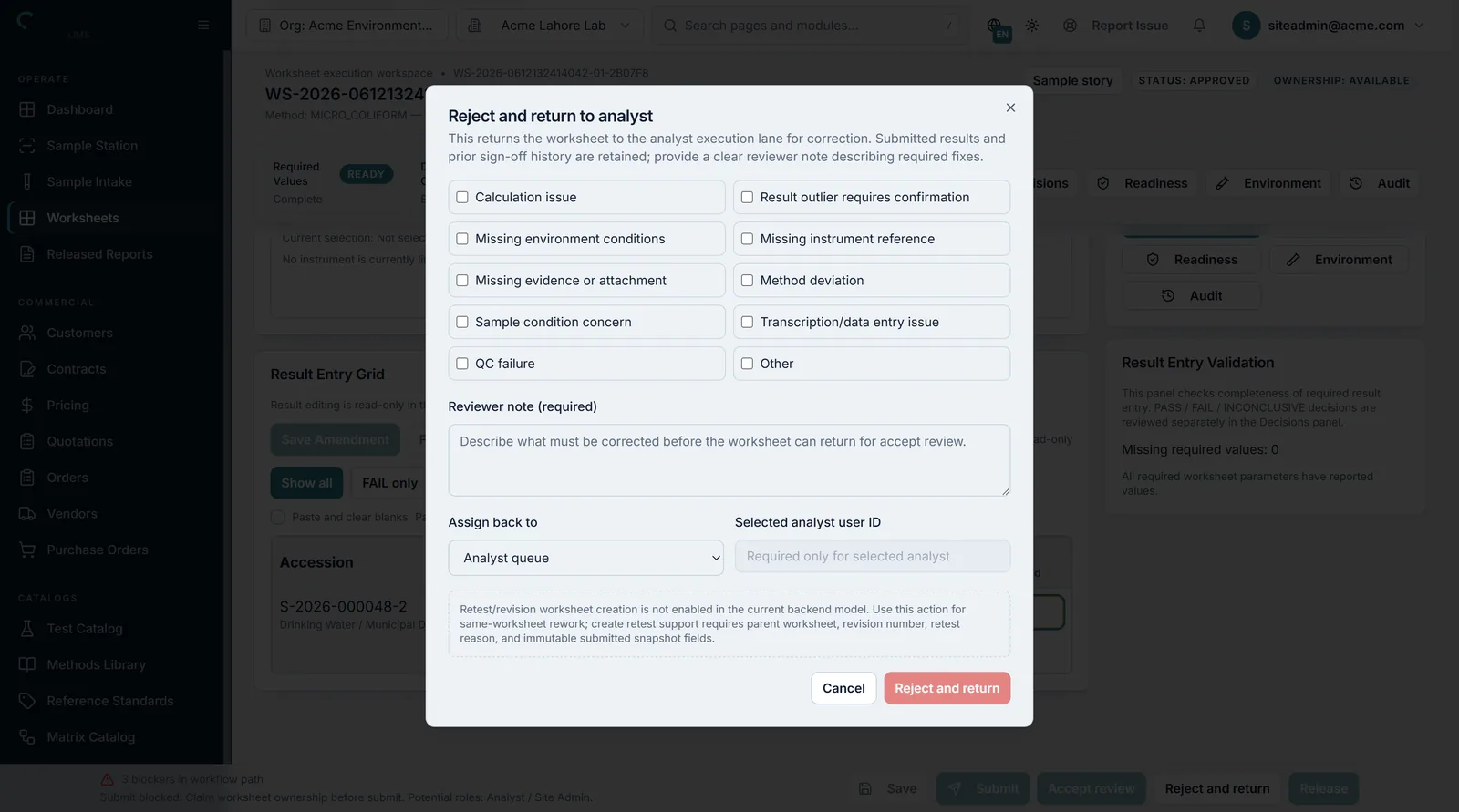 Synvra review and rejection dialog